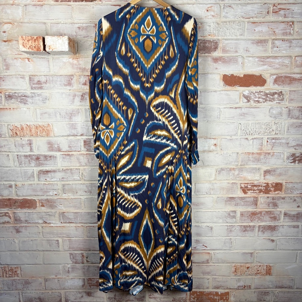 Farm Rio Blue Gold Pineapple Ikat Long Sleeve Maxi Dress L Boho Tribal Statement - Picture 4 of 11